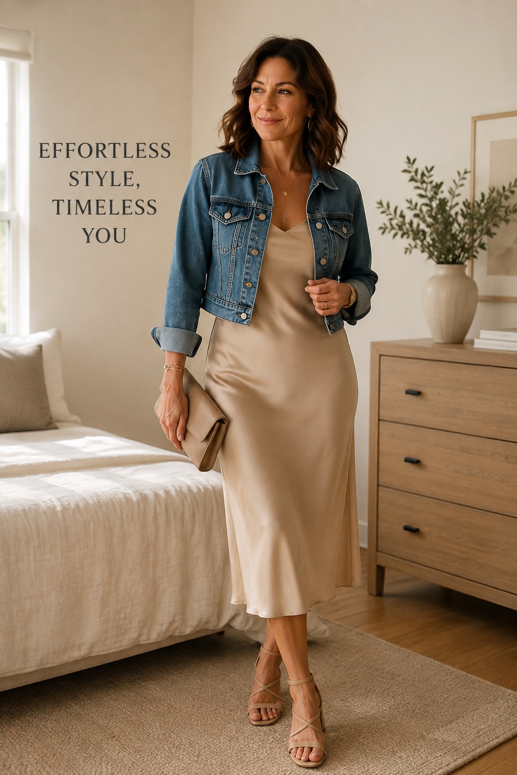 Denim jacket outfits over 40 styled over a silky slip dress with heeled sandals