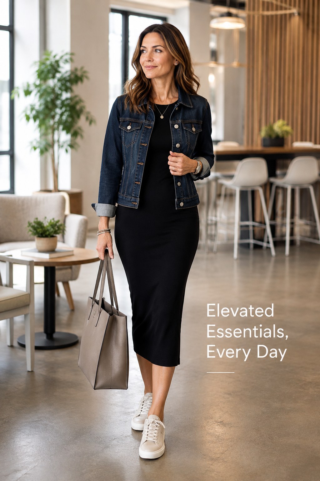 Denim jacket outfit over 40 layered over a black midi dress with white sneakers