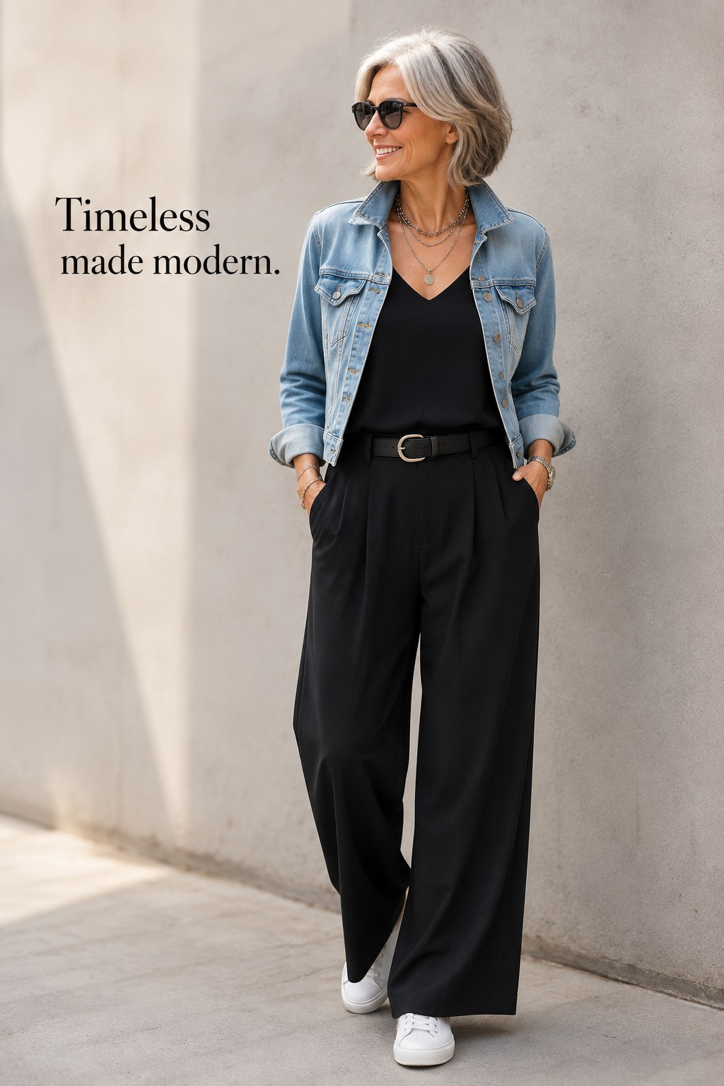 Denim jacket outfit over 40 styled with an all-black look and white sneakers