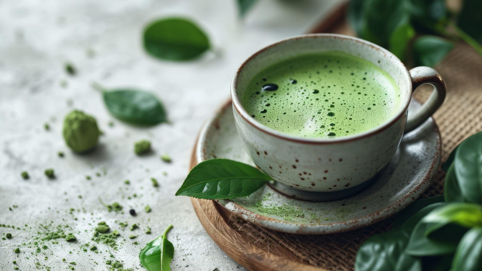 Green tea cup beside healthy ingredients