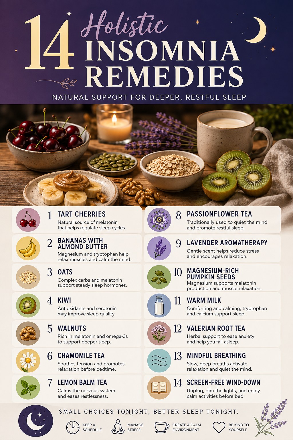 Visual guide to 14 holistic insomnia remedies using sleep-supporting foods like cherries, oats, and kiwi