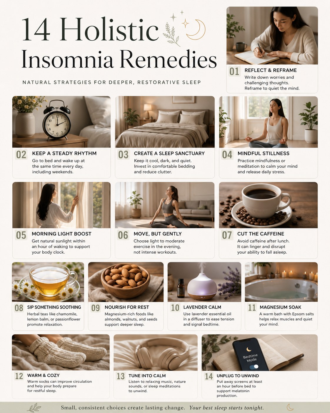 Layout of 14 holistic insomnia remedies emphasizing mindfulness, journaling, and steady sleep routines