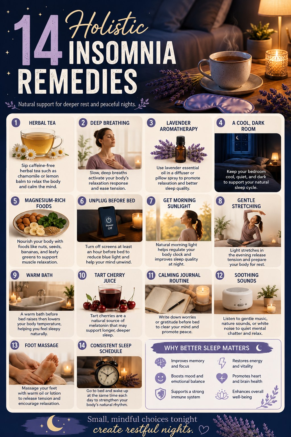 Poster of 14 holistic insomnia remedies built around bedroom environment and daily sleep rhythm habits