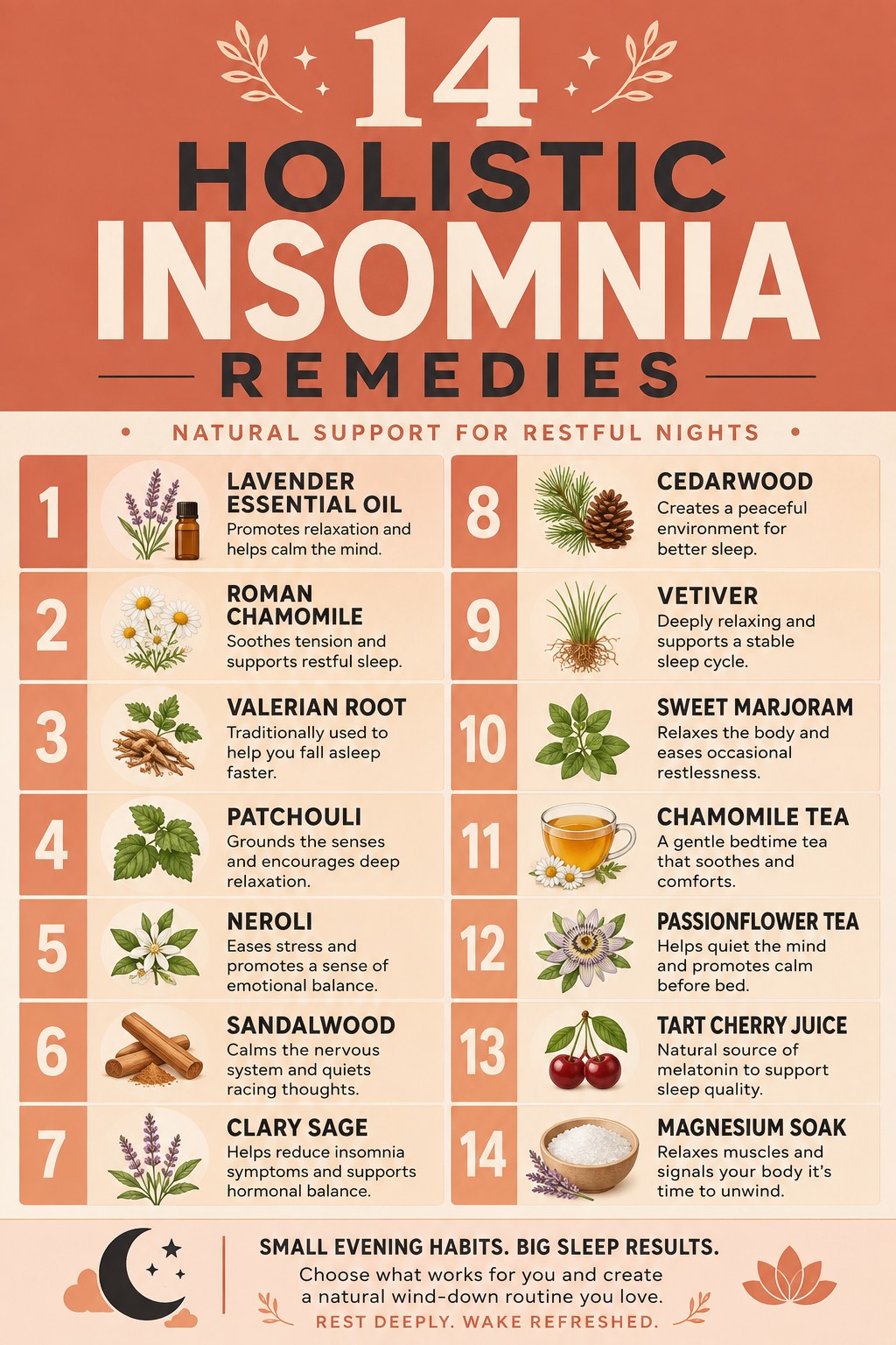 Chart of 14 holistic insomnia remedies centered on essential oils like lavender, chamomile, and cedarwood