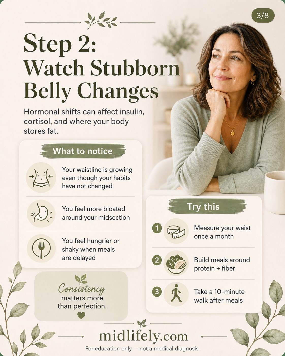 Infographic on stubborn belly changes as a hormone imbalance sign after 40
