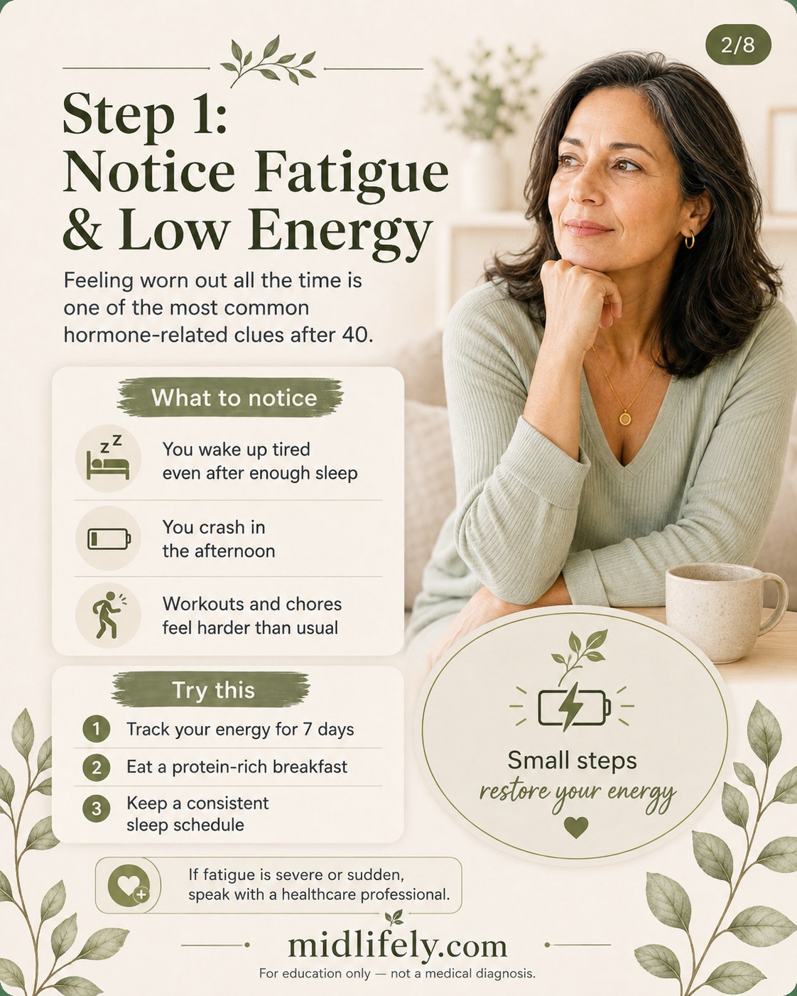 Woman reflecting fatigue and low energy, a common hormone imbalance sign after 40