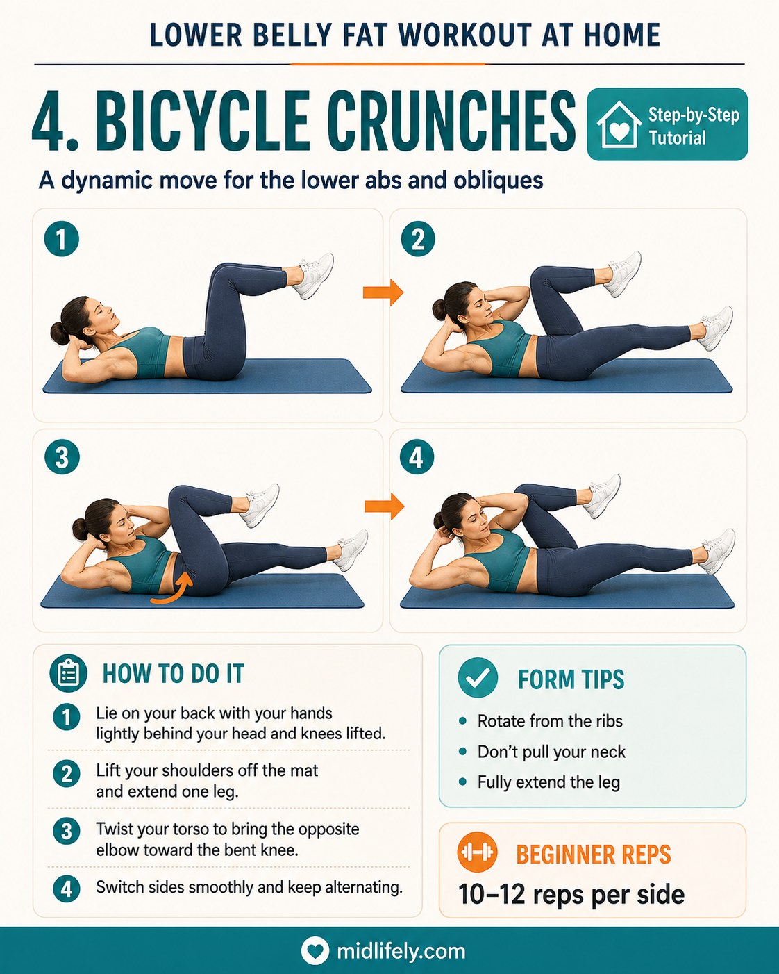 Bicycle crunches step-by-step guide targeting the lower abs and obliques at home