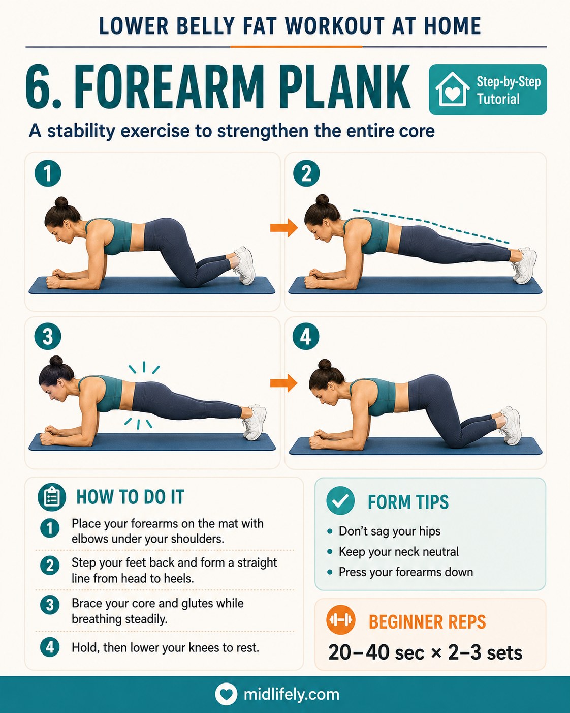 Forearm plank tutorial showing proper hip and spine alignment for full core stability
