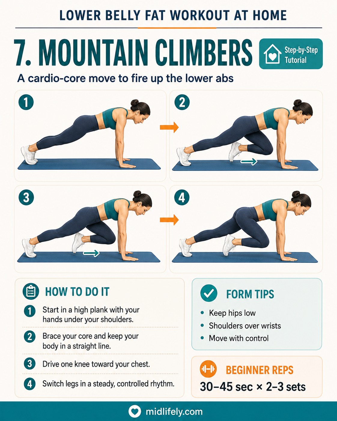 Mountain climbers diagram illustrating a cardio-core move for this lower belly fat workout