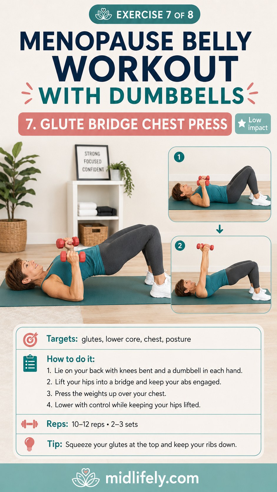 Glute bridge chest press combining lower body and chest work in a dumbbell belly workout