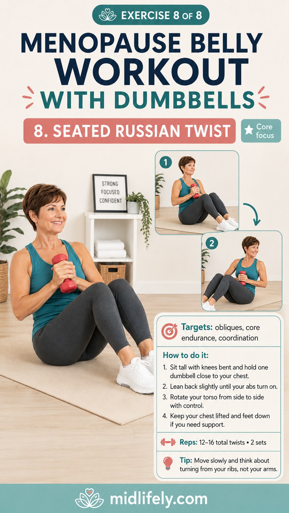 Seated Russian twist finishing move from a menopause belly workout with dumbbells