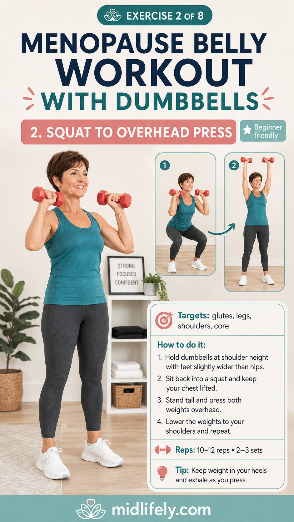 Squat to overhead press exercise from a menopause belly workout with dumbbells routine