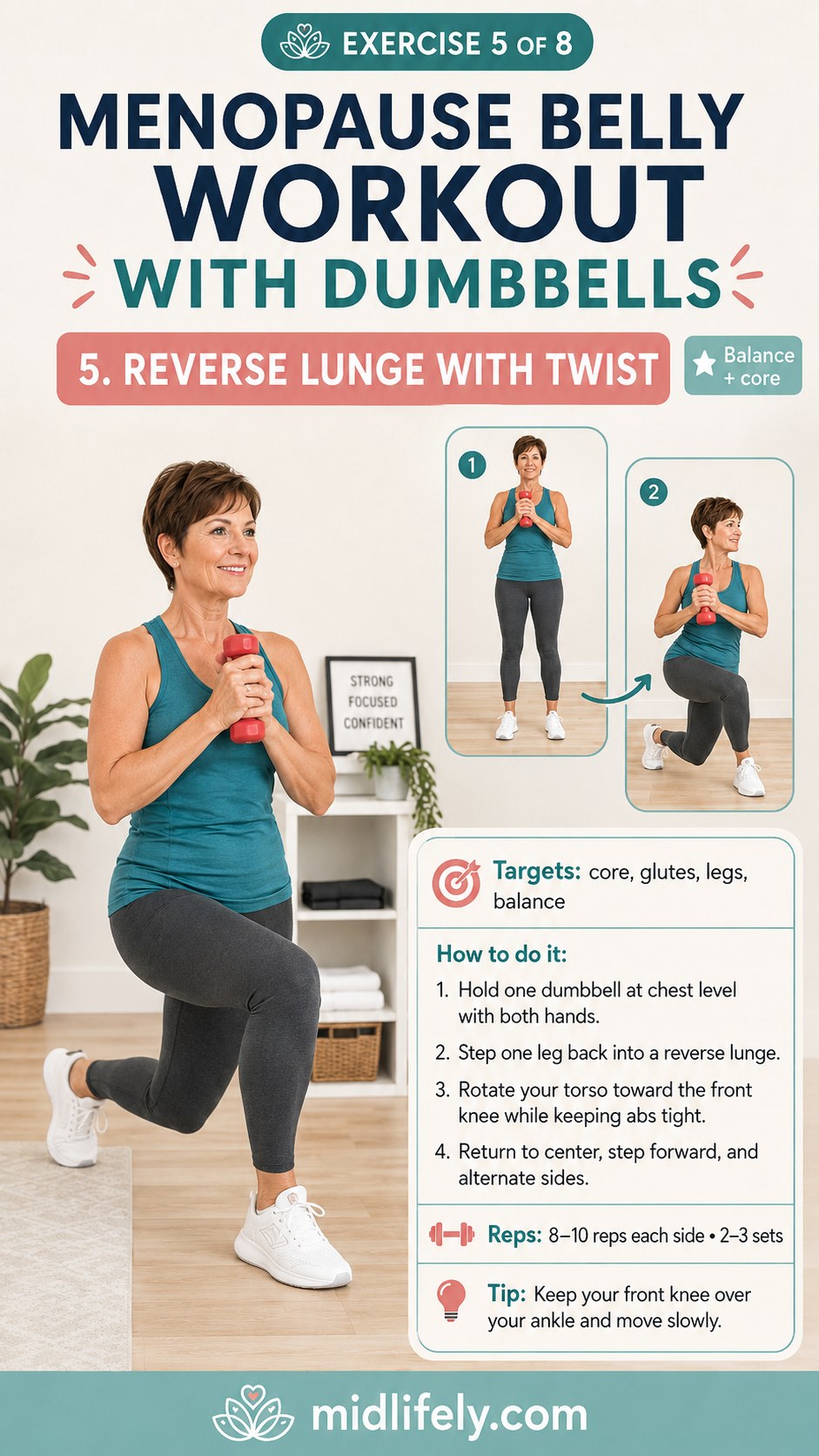 Reverse lunge with twist for balance and core in a menopause belly workout with dumbbells