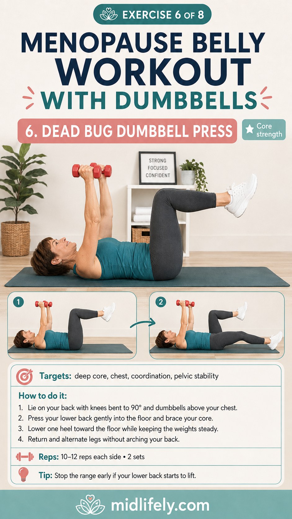 Dead bug dumbbell press performed on a mat during a menopause belly workout with dumbbells
