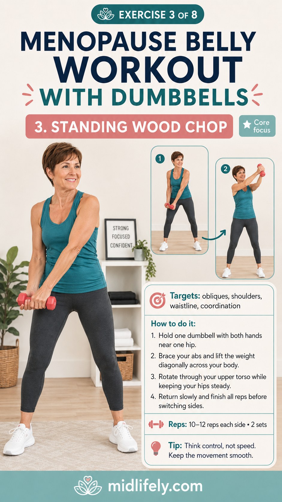 Standing wood chop move targeting obliques in a menopause belly workout with dumbbells