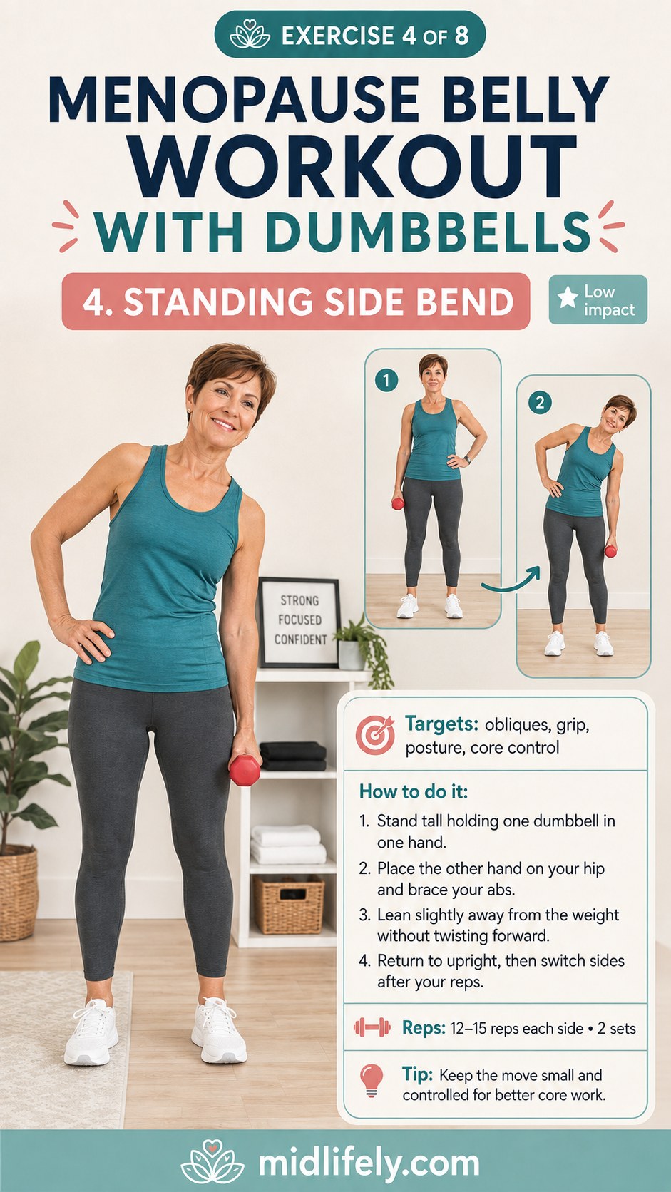 Standing side bend exercise shown as a low-impact menopause belly workout with dumbbells option