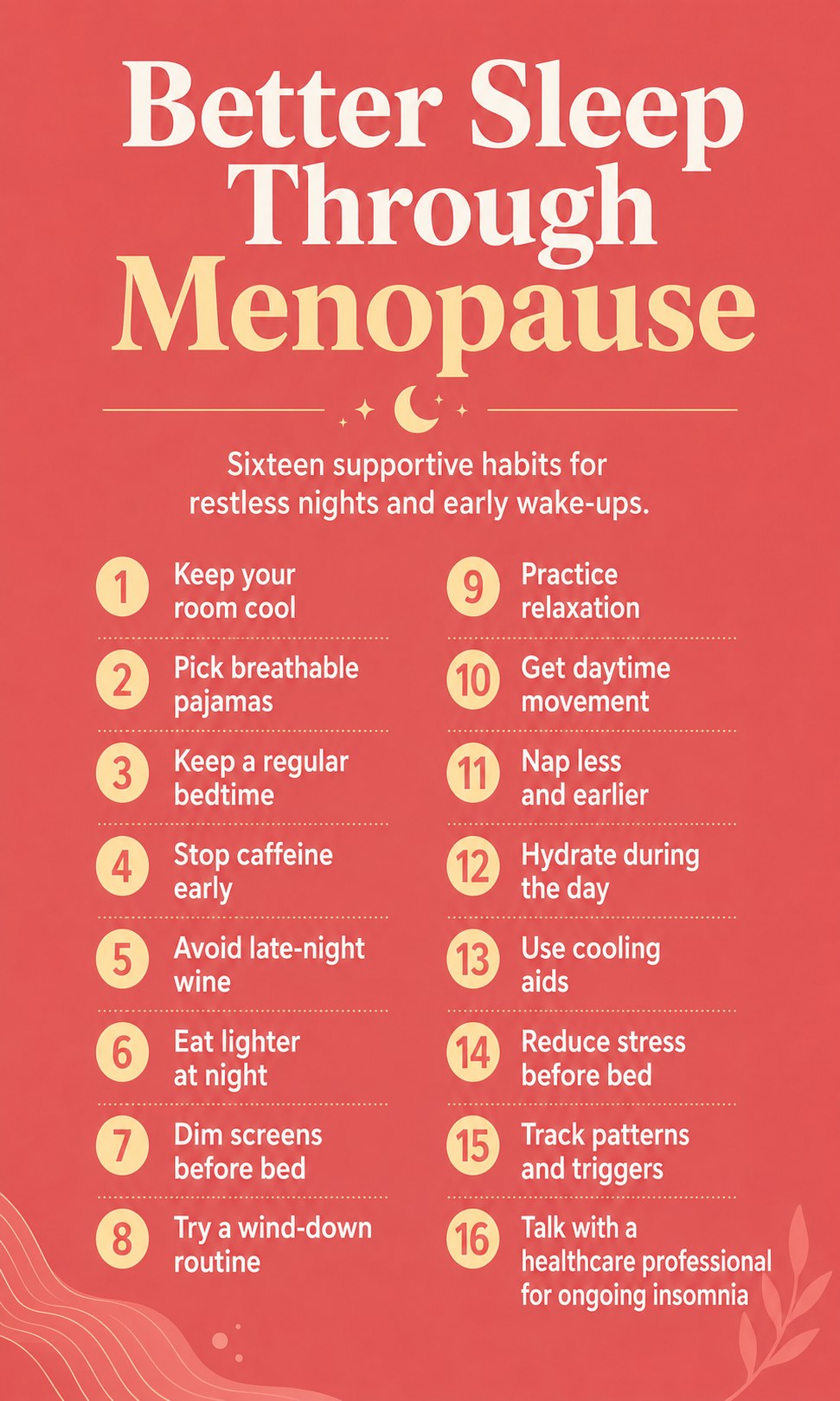 Red-toned infographic outlining sixteen supportive habits for restless nights during menopause