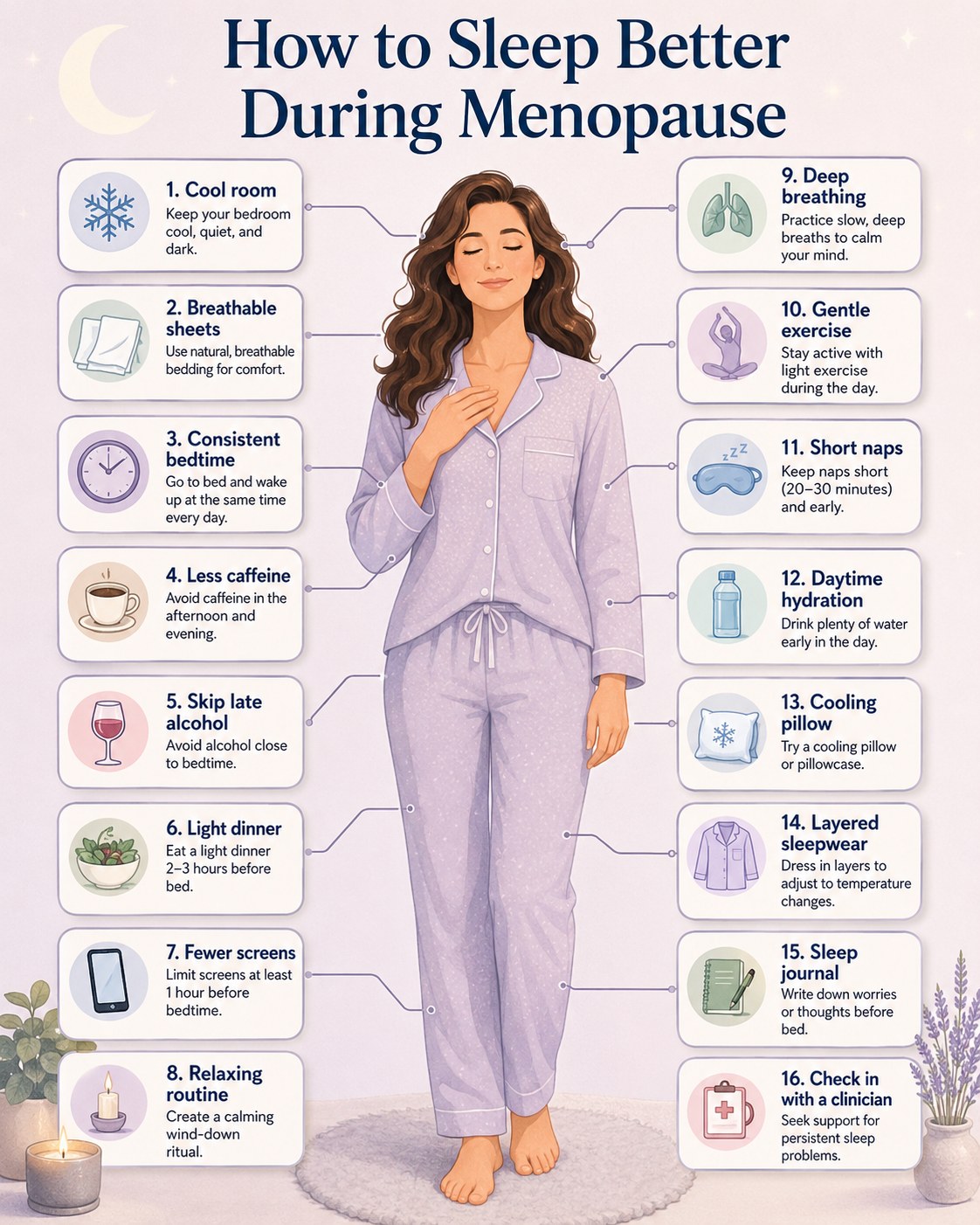 Woman in lavender pajamas standing beside a numbered list of ways to sleep better during menopause
