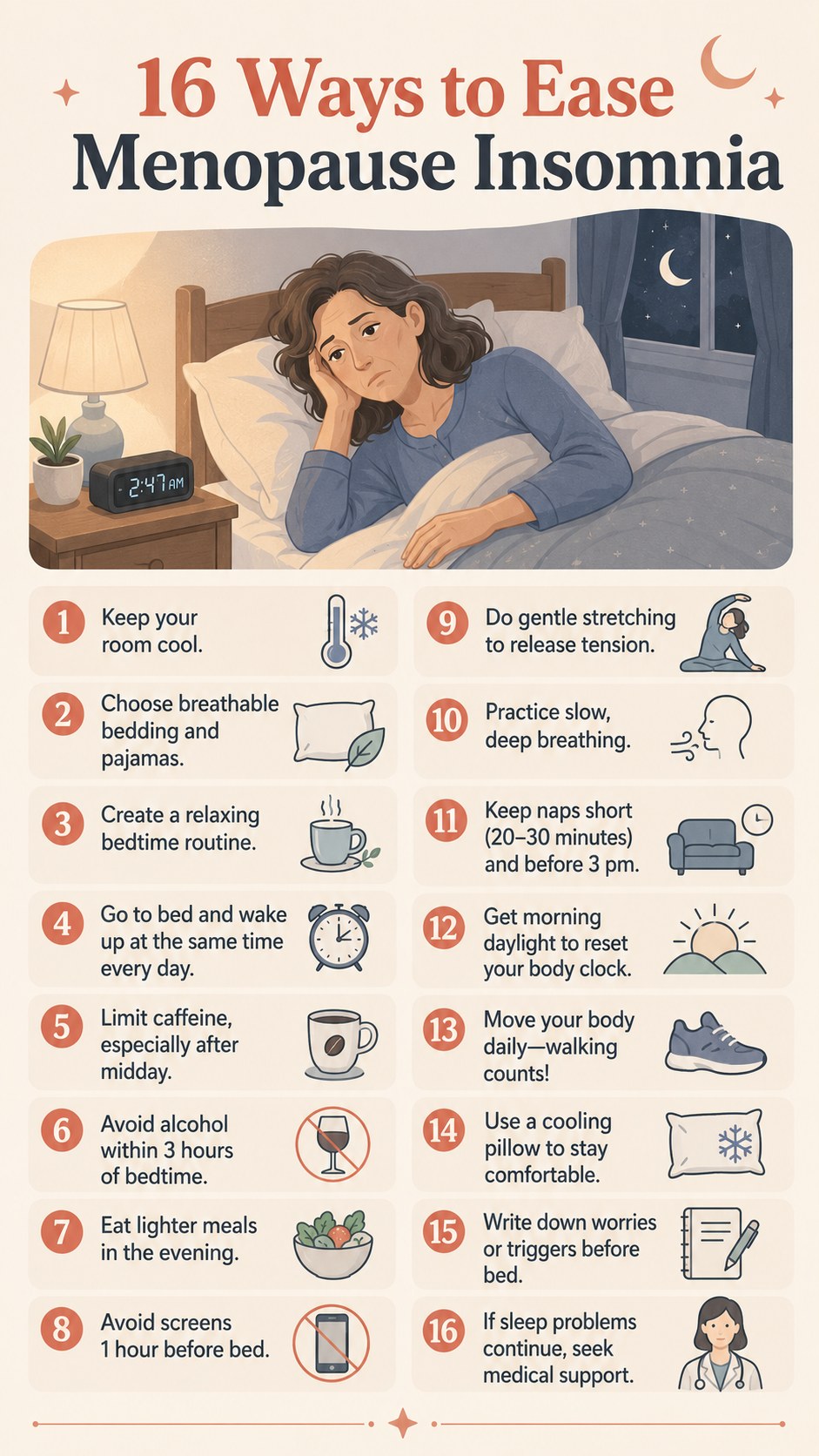 Woman lying awake at 2:41 a.m. illustrating one of several menopause insomnia tips about racing thoughts
