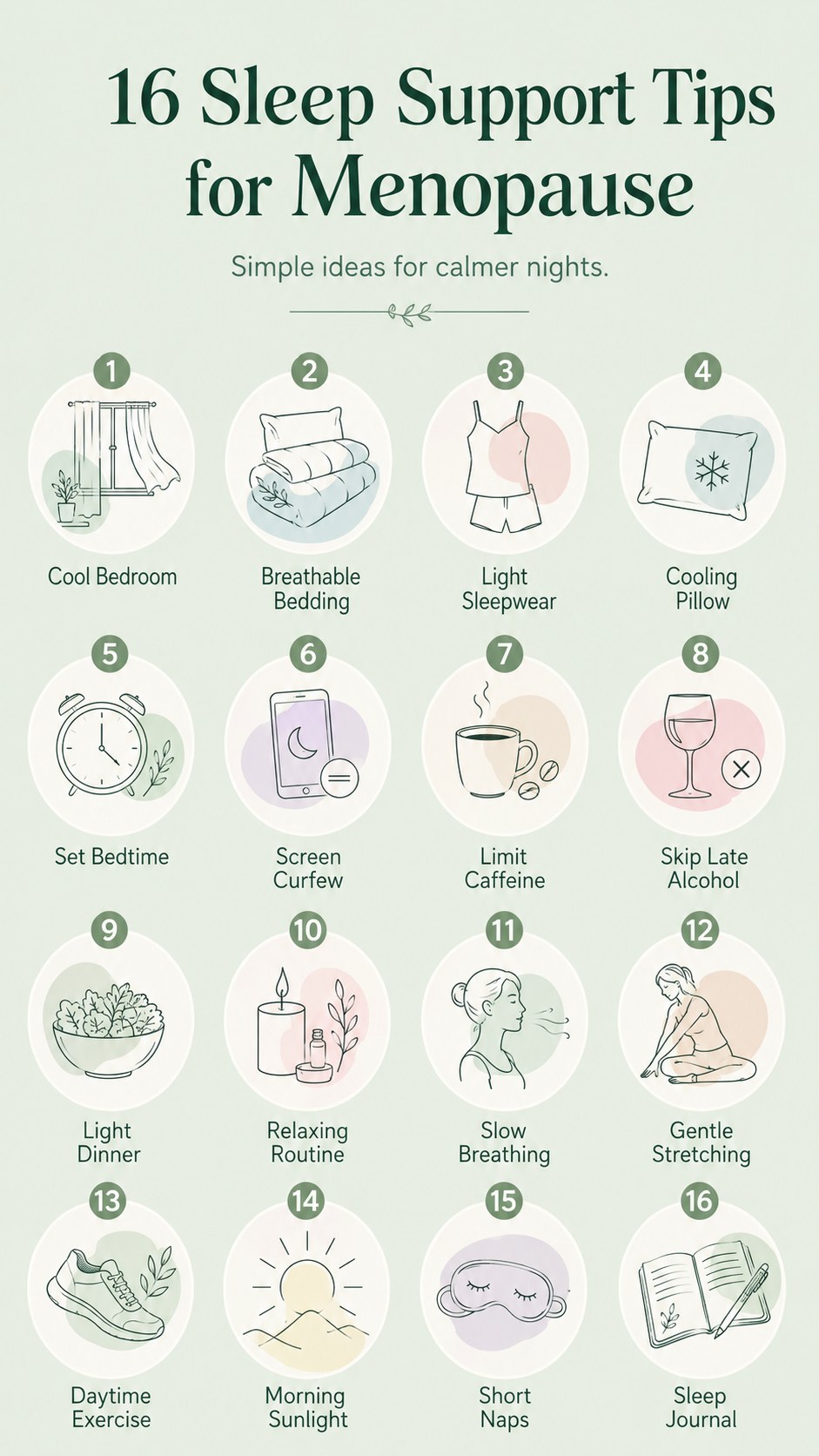 Minimalist icon grid illustrating sixteen simple sleep support tips for menopause, ending with a sleep journal