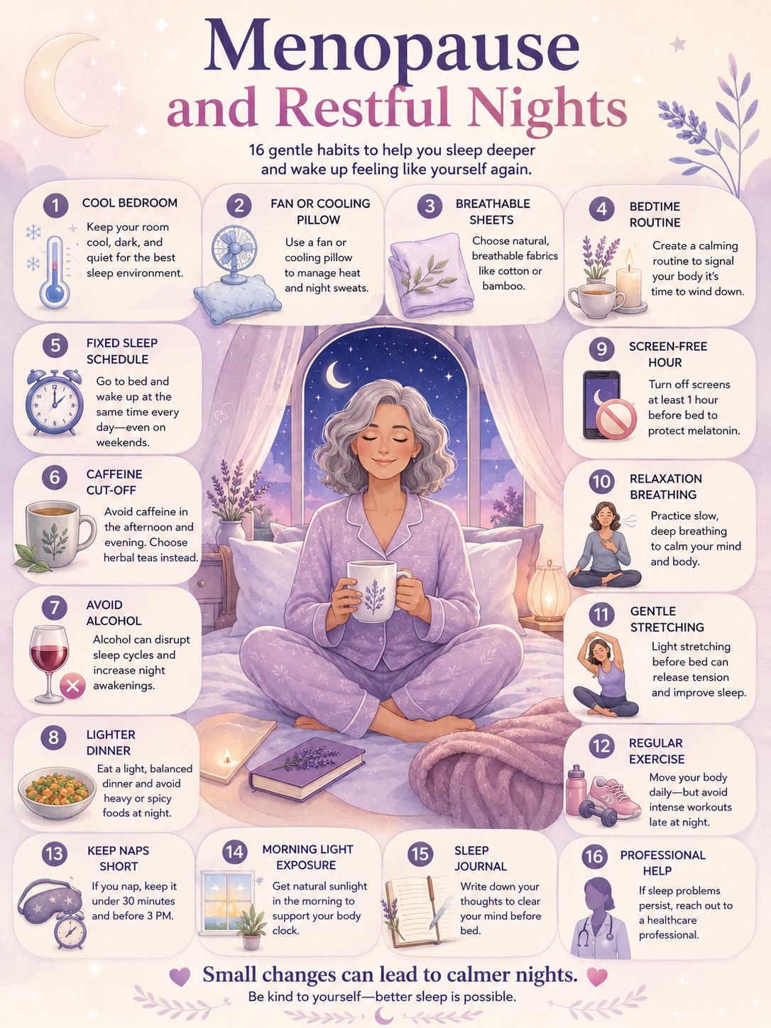Woman sitting cross-legged with tea practicing relaxation breathing as part of a menopause sleep routine