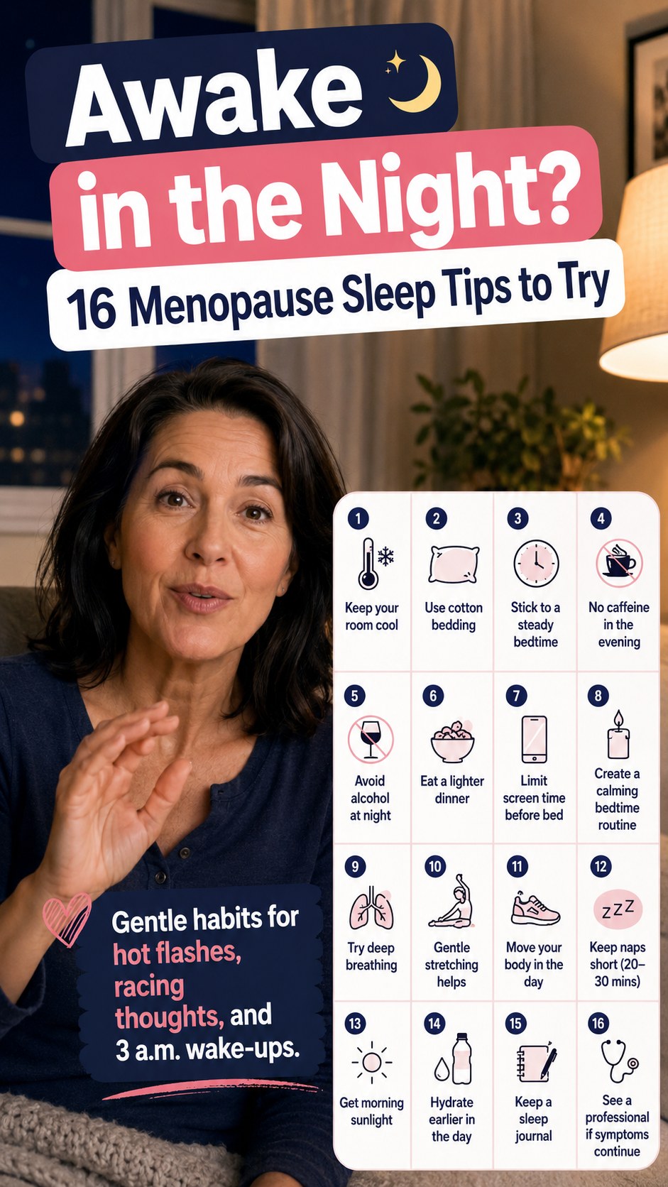 Woman speaking on camera beside icons covering hot flashes, racing thoughts, and 3 a.m. wake-ups