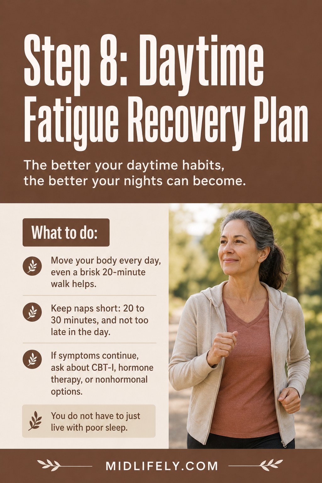 Woman walking outdoors in daylight, building daytime habits that ease menopause sleep problems