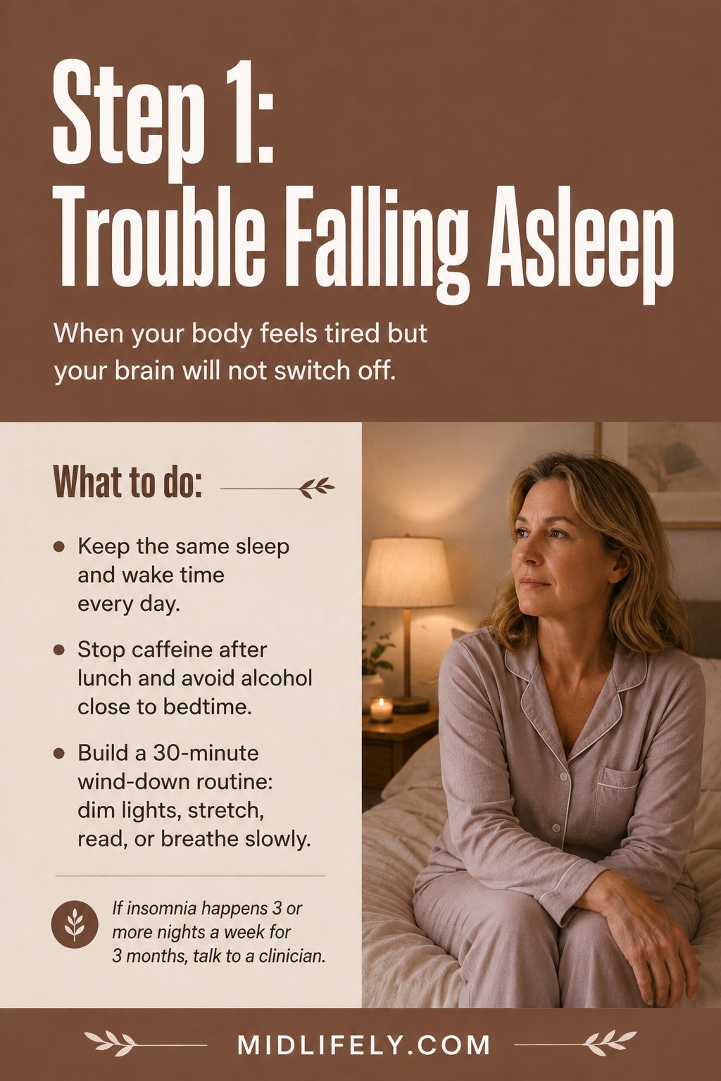 Woman sitting awake in bed at night, showing trouble falling asleep from menopause sleep problems