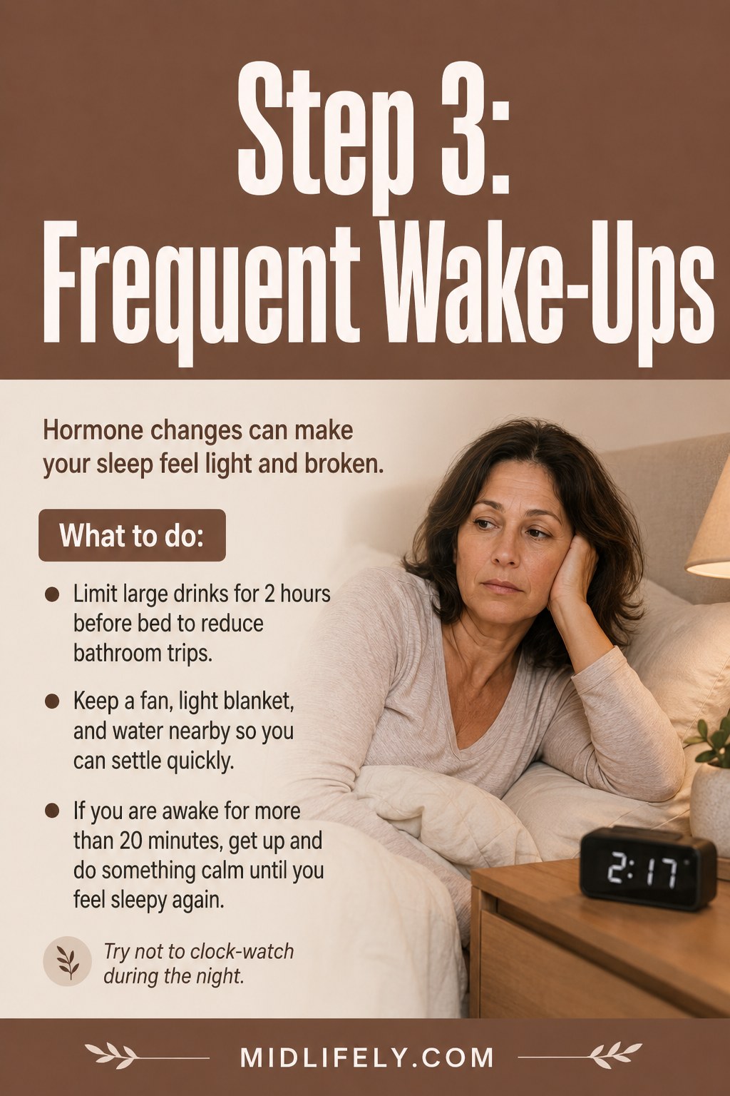 Woman awake beside a clock reading 2:17, a familiar scene in menopause sleep problems research
