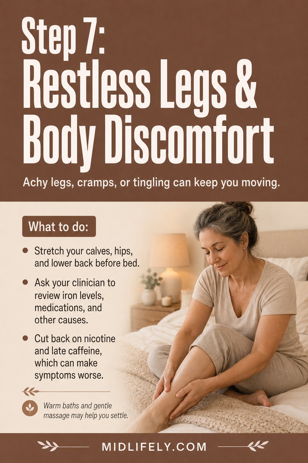 Woman rubbing her legs in bed, managing restless legs as part of common menopause sleep problems
