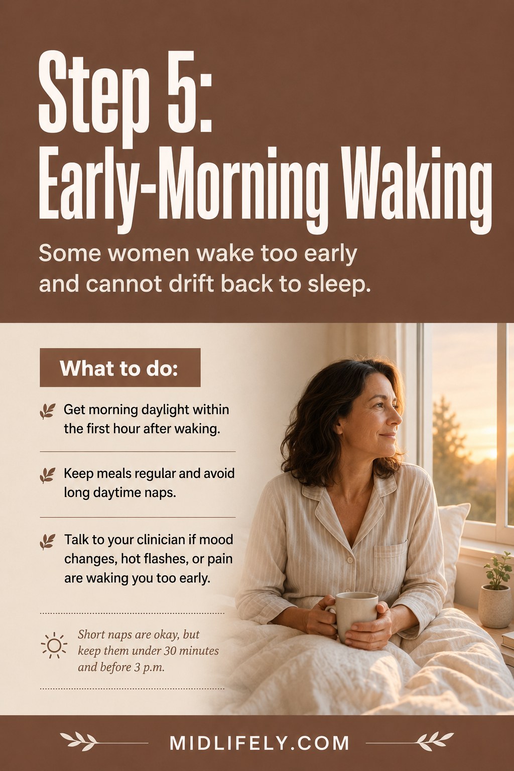 Woman sitting by a sunny window at dawn after early waking, one of several menopause sleep problems