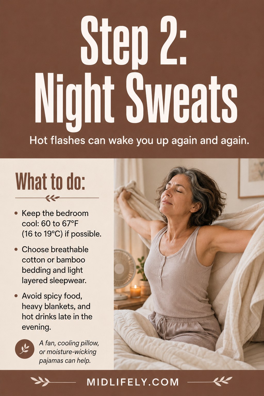 Woman stretching after a hot flash, a common trigger behind menopause sleep problems at night