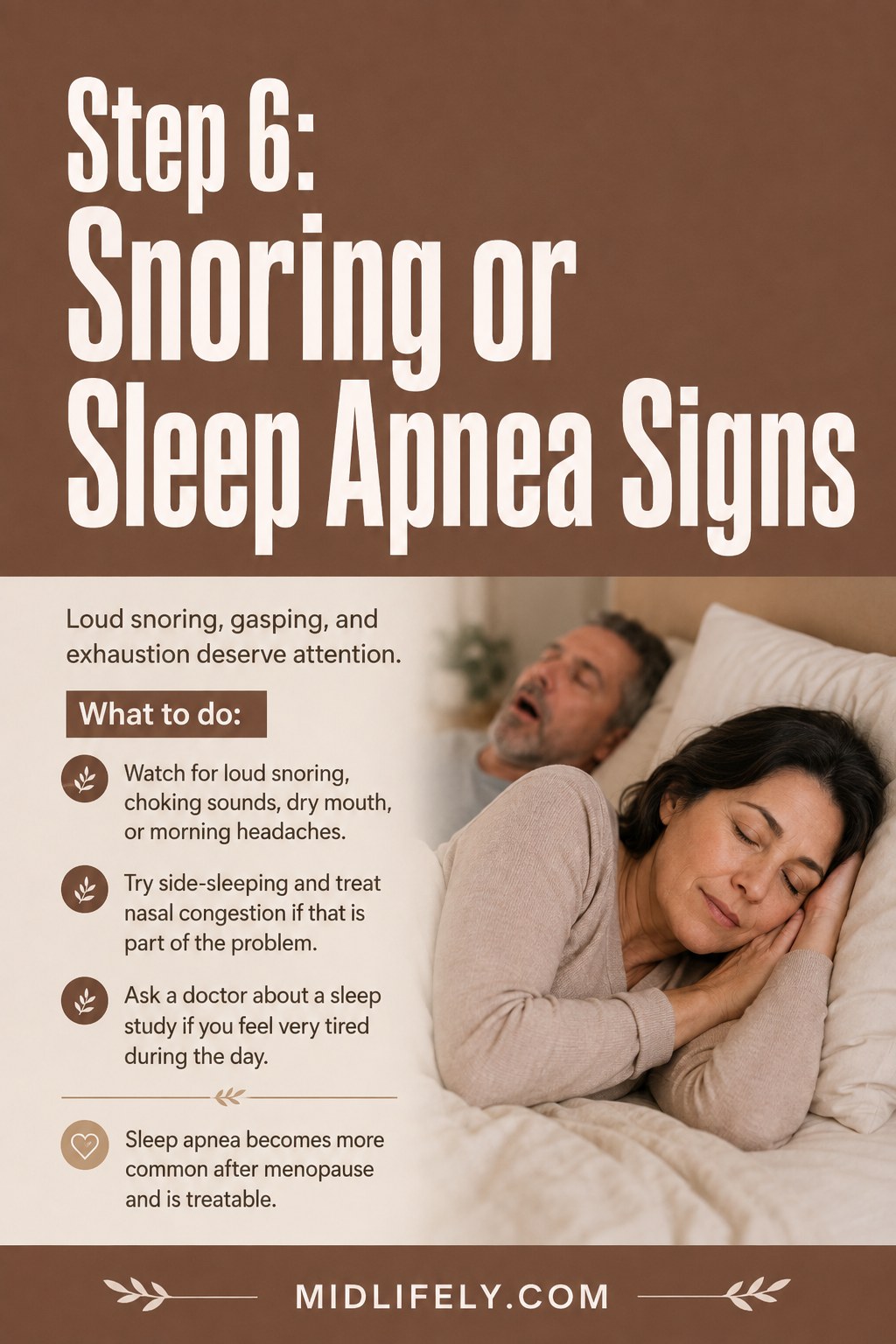 Man snoring beside an awake woman, a sleep apnea sign linked to menopause sleep problems