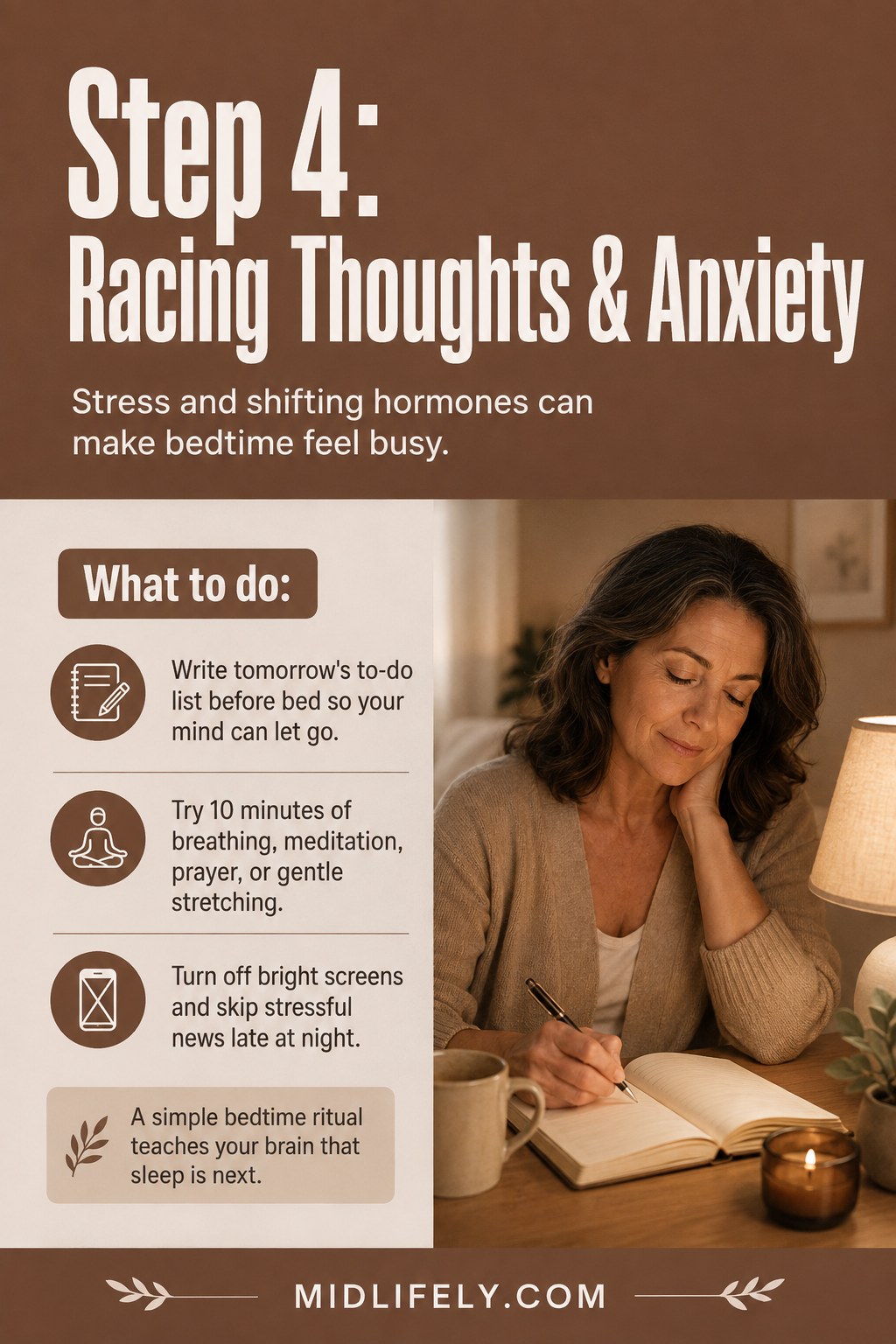 Woman journaling by lamplight before bed to calm racing thoughts tied to menopause sleep problems