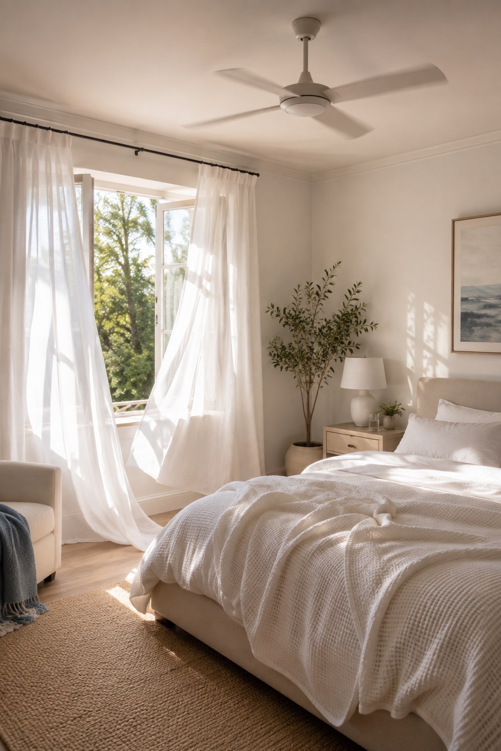 Bright bedroom with ceiling fan and sheer curtains showing an airflow-based approach to night sweats remedies