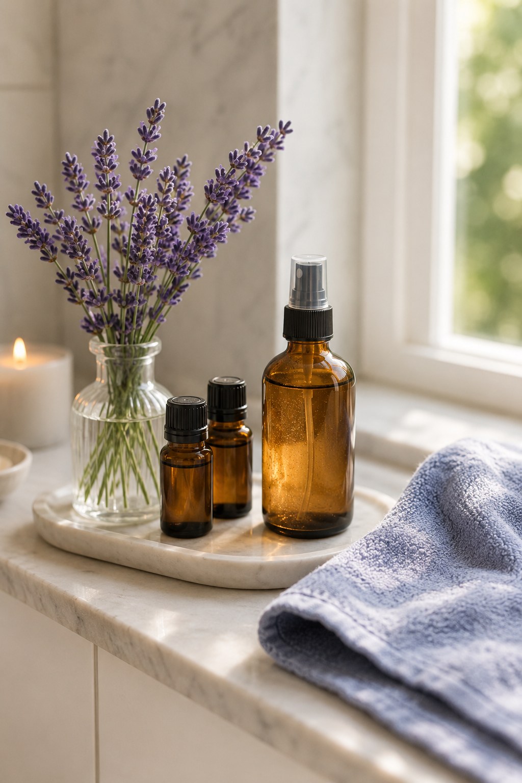 Lavender sprigs and a bedside linen spray set up as a calming ritual among simple night sweats remedies