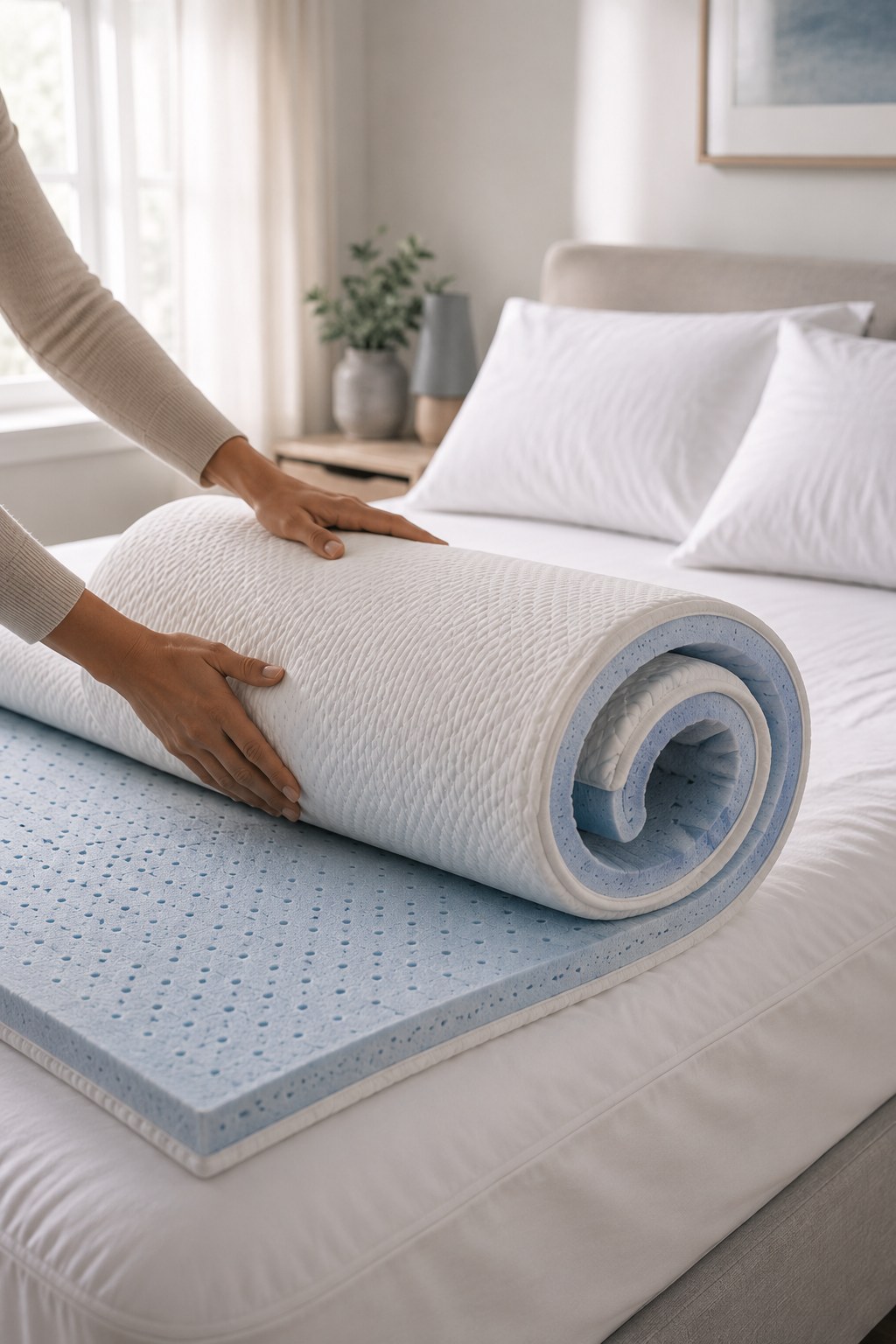 Rolling out a cooling gel mattress topper onto a bed as one of the more involved night sweats remedies