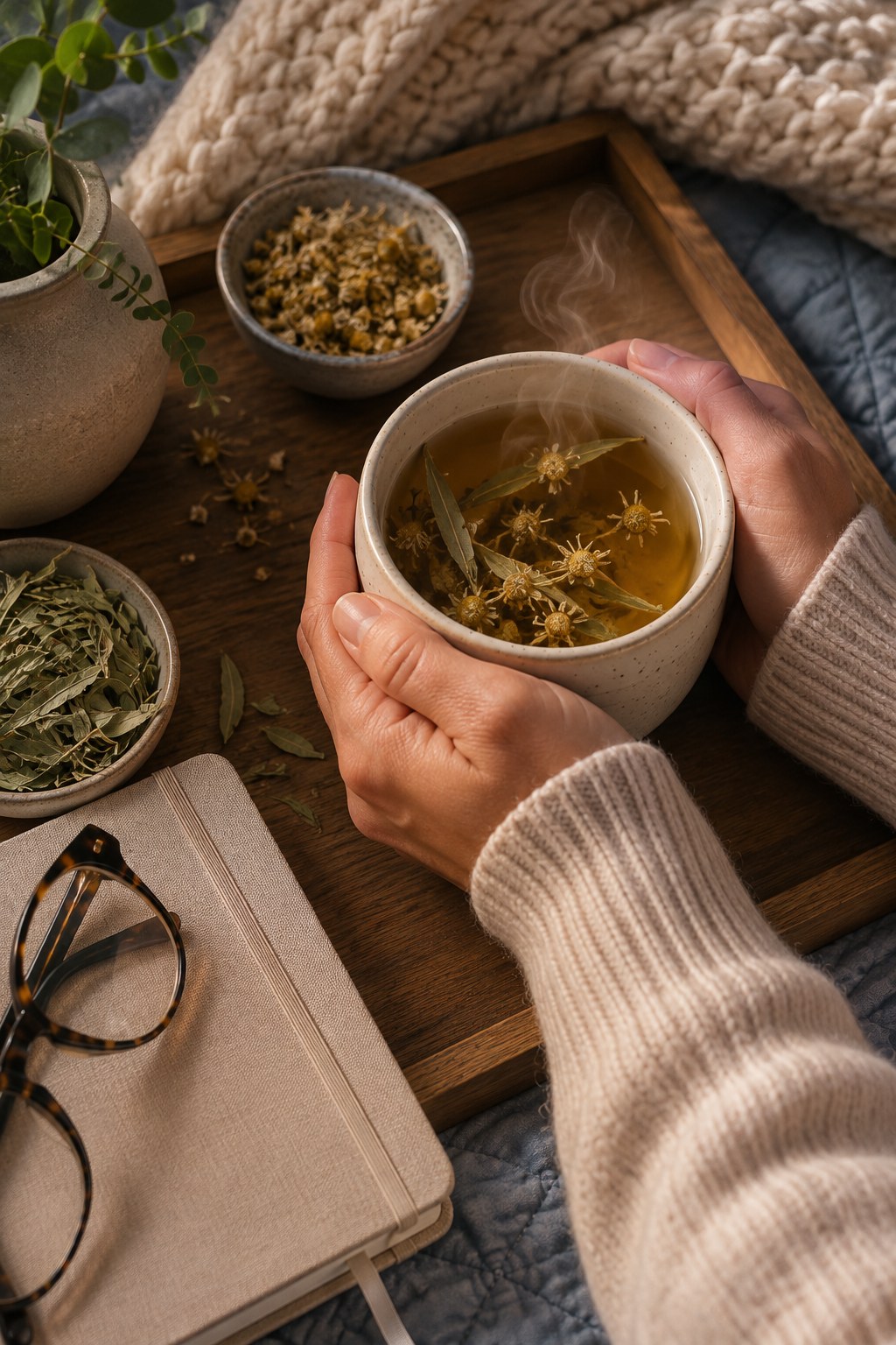Warm herbal tea and a journal on a tray, part of a wind-down ritual used alongside other night sweats remedies