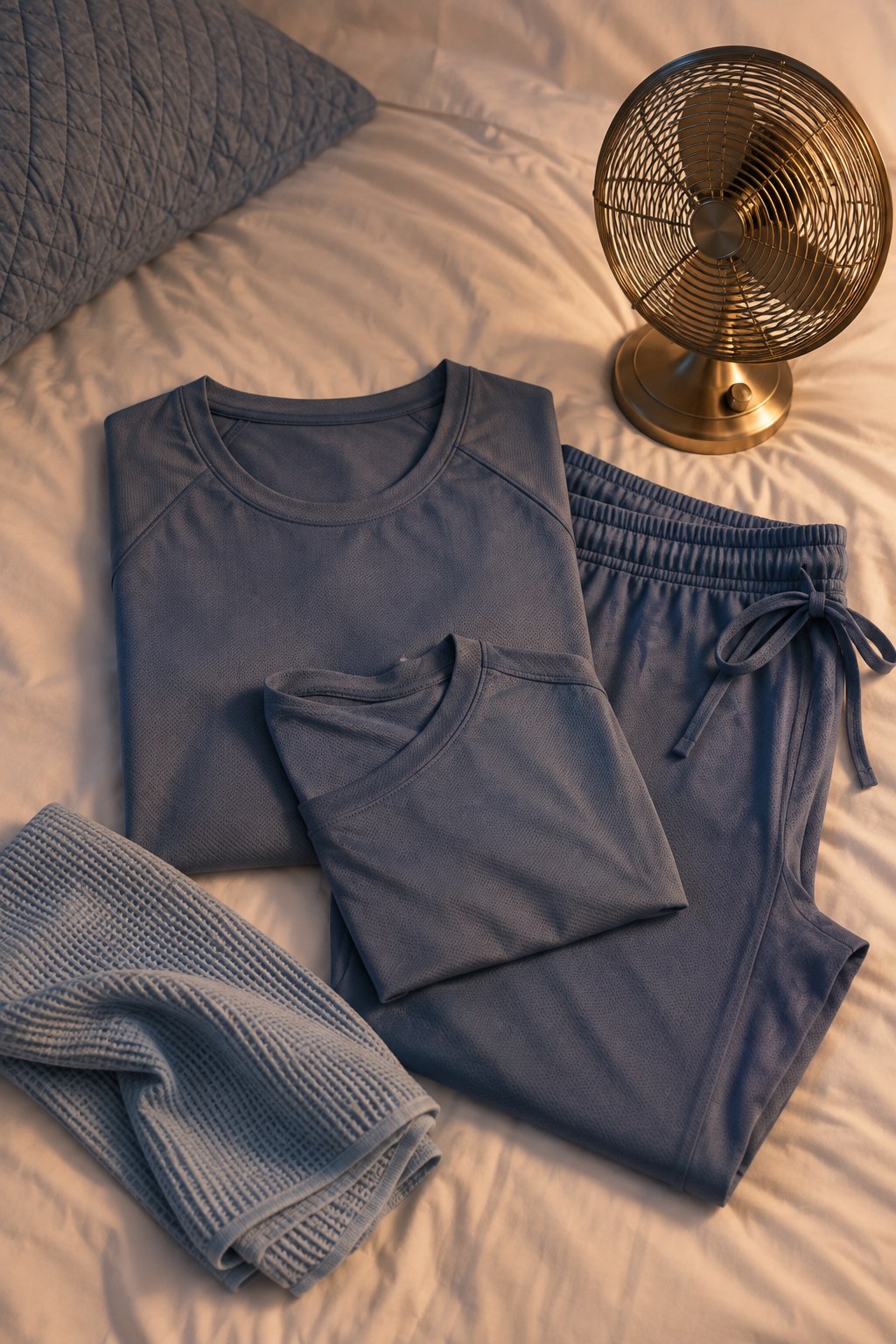 Folded moisture-wicking pajama set beside a fan, a practical sleepwear option among common night sweats remedies