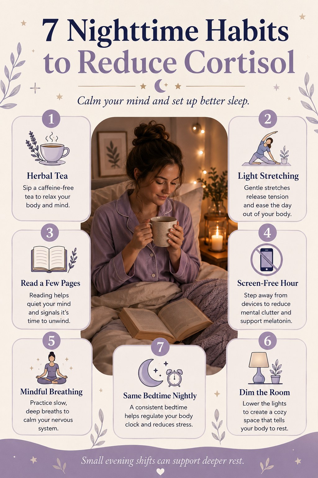 Infographic outlining seven nighttime habits to reduce cortisol, from herbal tea to a steady bedtime.