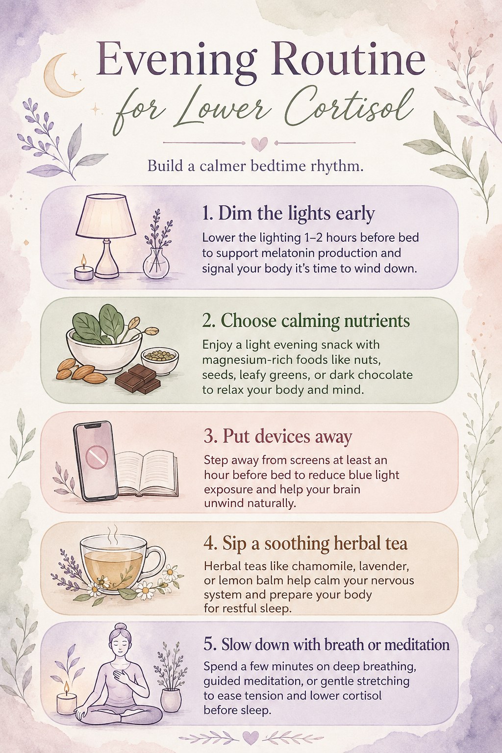 Evening routine infographic showing dimmed lights, a calming snack, and screen-free wind-down time.