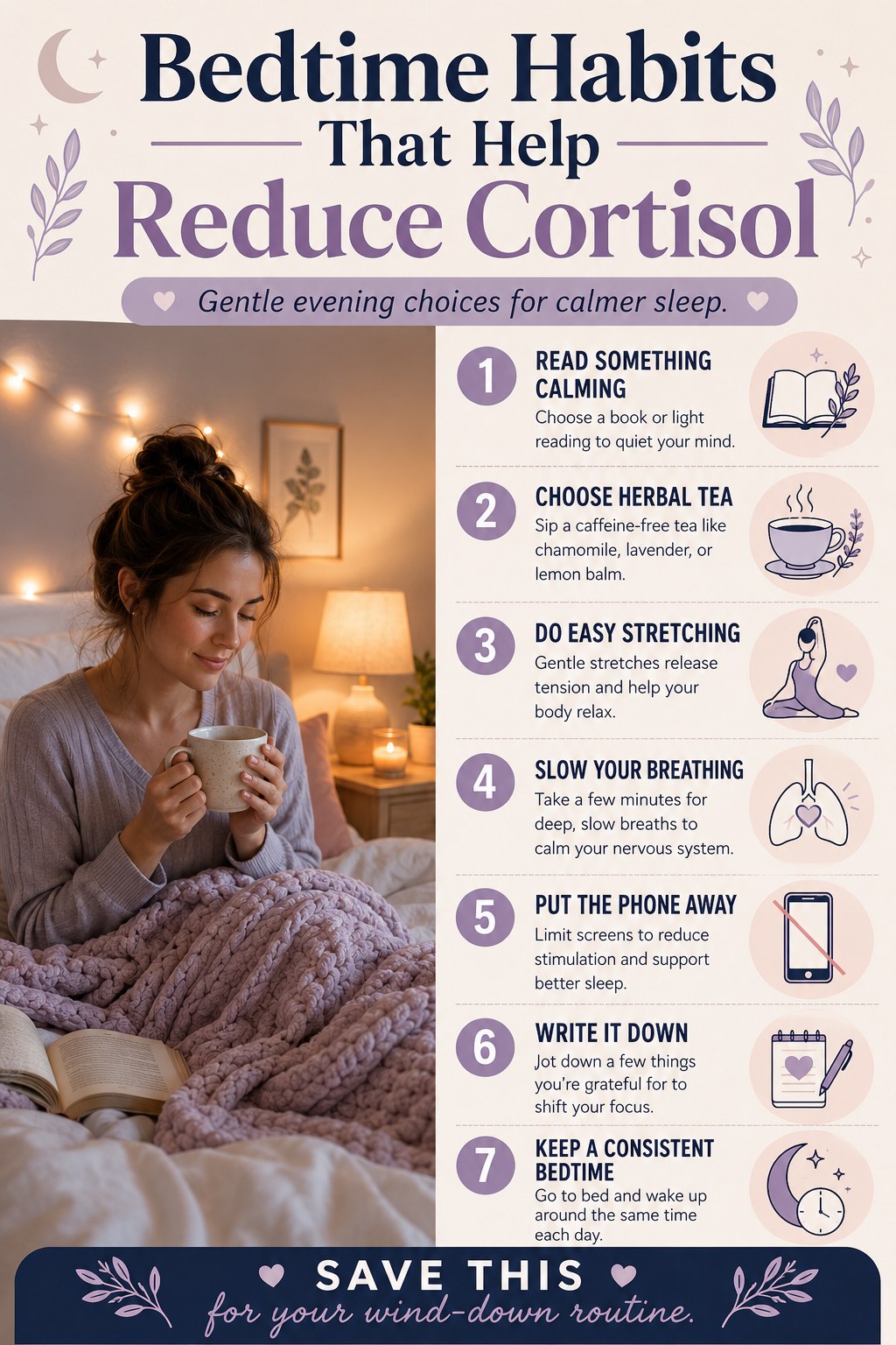 A woman reads and sips tea in bed, showing bedtime habits that help reduce cortisol naturally.