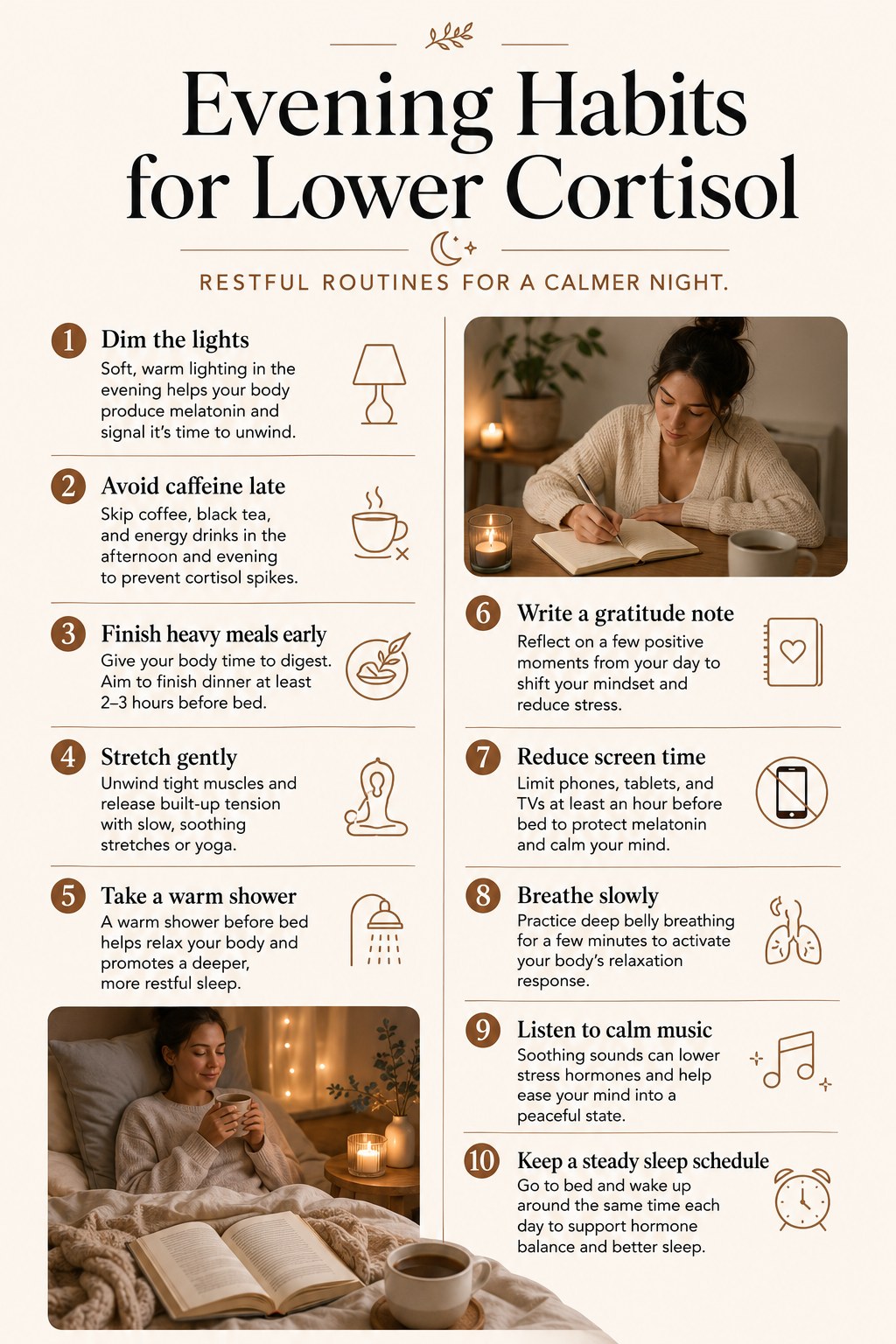 An evening habits infographic showing journaling, stretching, and screen-free time before bed.