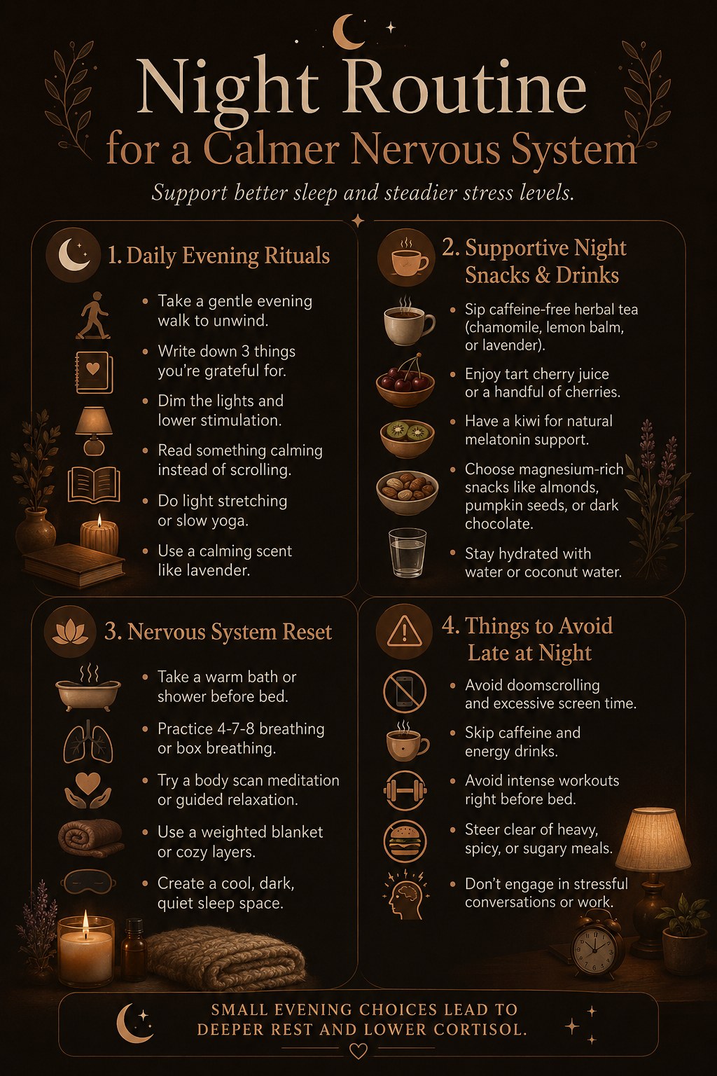 Dark-toned night routine infographic covering calming snacks, warm baths, and habits to avoid before bed.