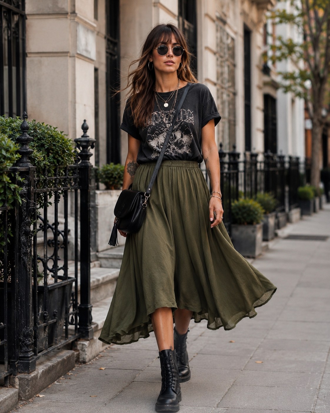 A high-low olive skirt with movement, styled with a graphic tee and lace-up boots.
