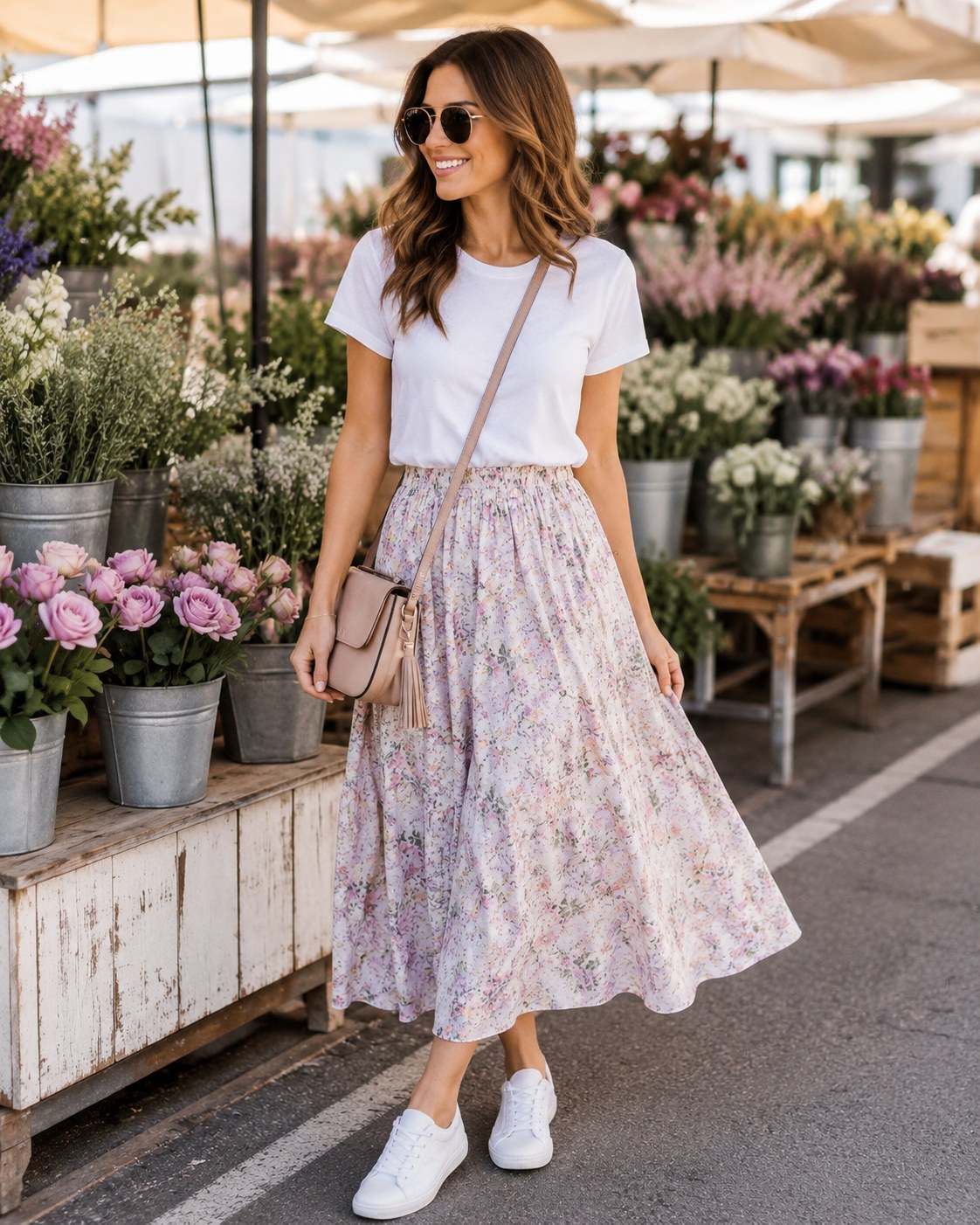 A tiered pastel floral midi skirt paired with a white tee and sneakers for daytime ease.
