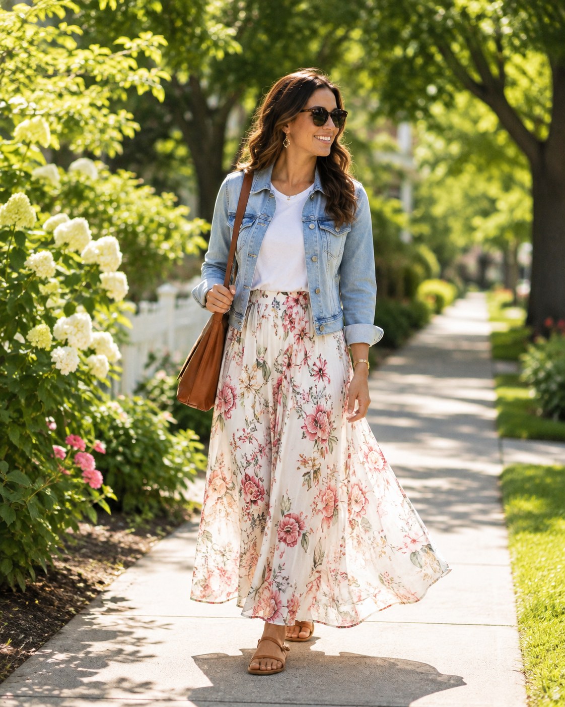 A flowing floral maxi skirt layered under a denim jacket for a casual spring outfit.