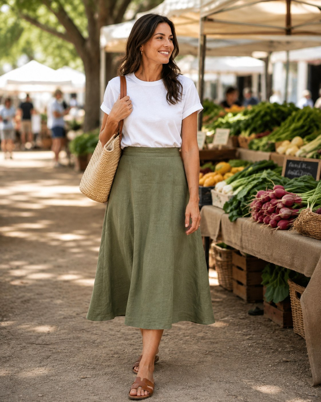 An olive green linen A-line midi skirt worn with a plain white tee while browsing a farmers market.
