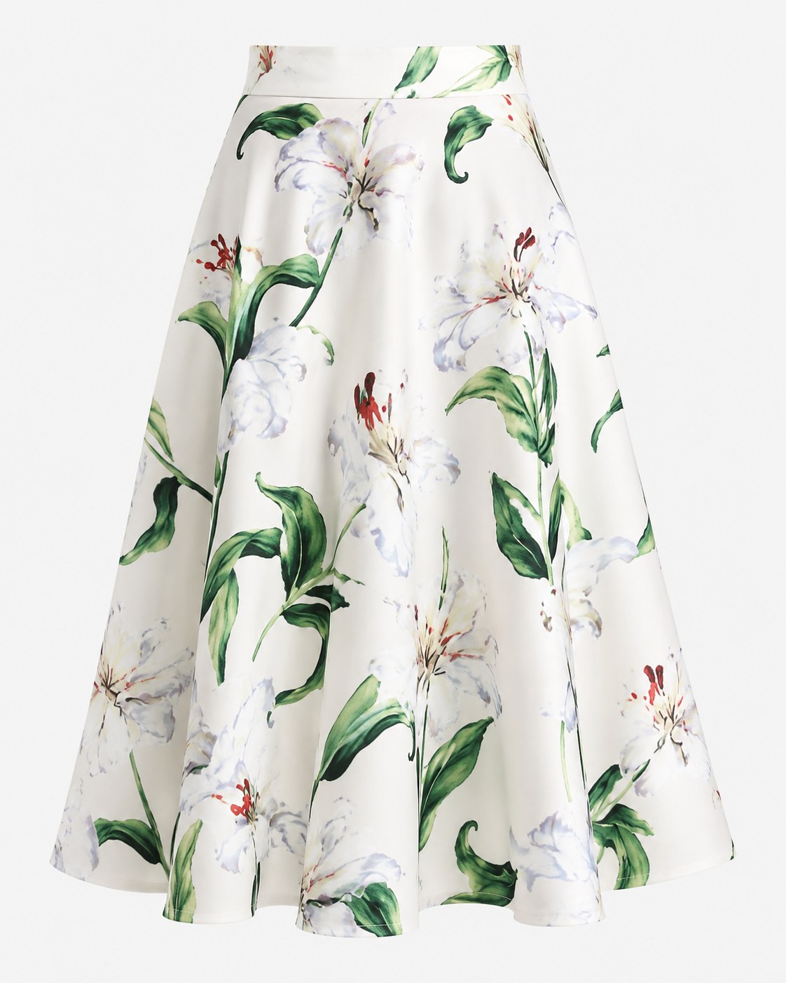 A structured white floral midi skirt with a full A-line silhouette for a polished occasion look.