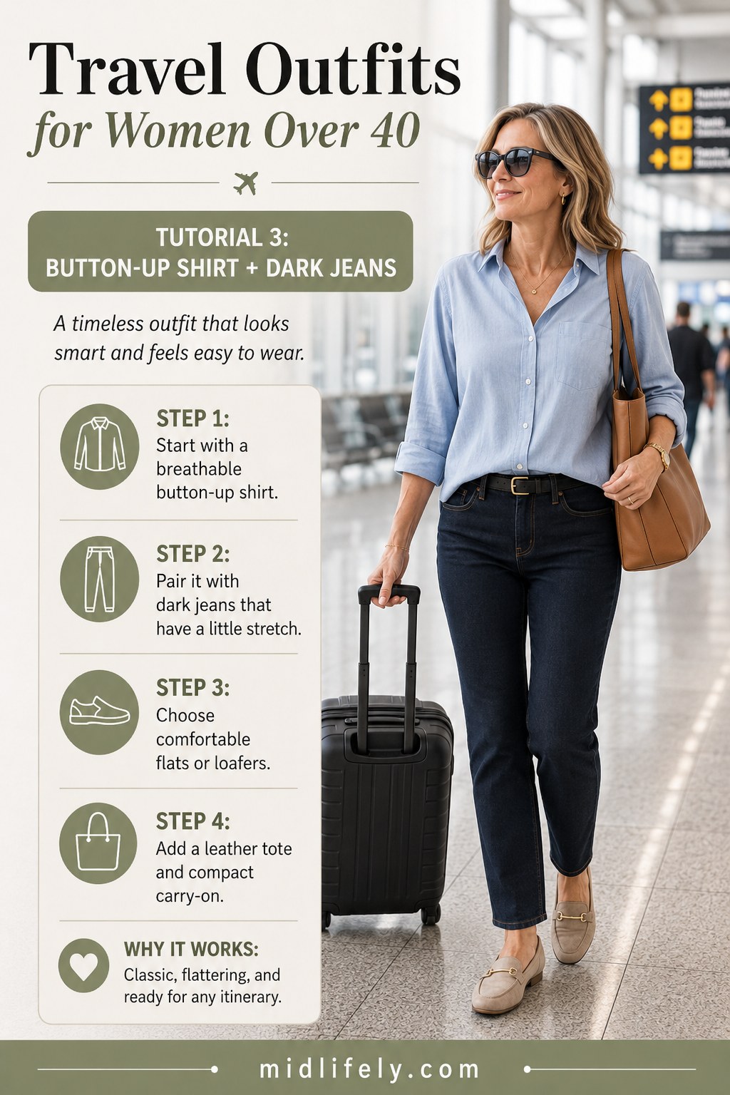 A classic travel outfit for women over 40 built on a button-up shirt and stretch dark jeans